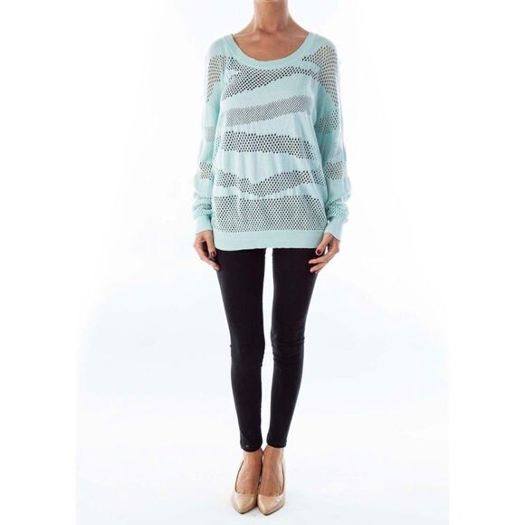 Vince Camuto Mint Green Open Knit Striped Sweater Women's XS Pullover Rayon - Picture 1 of 7